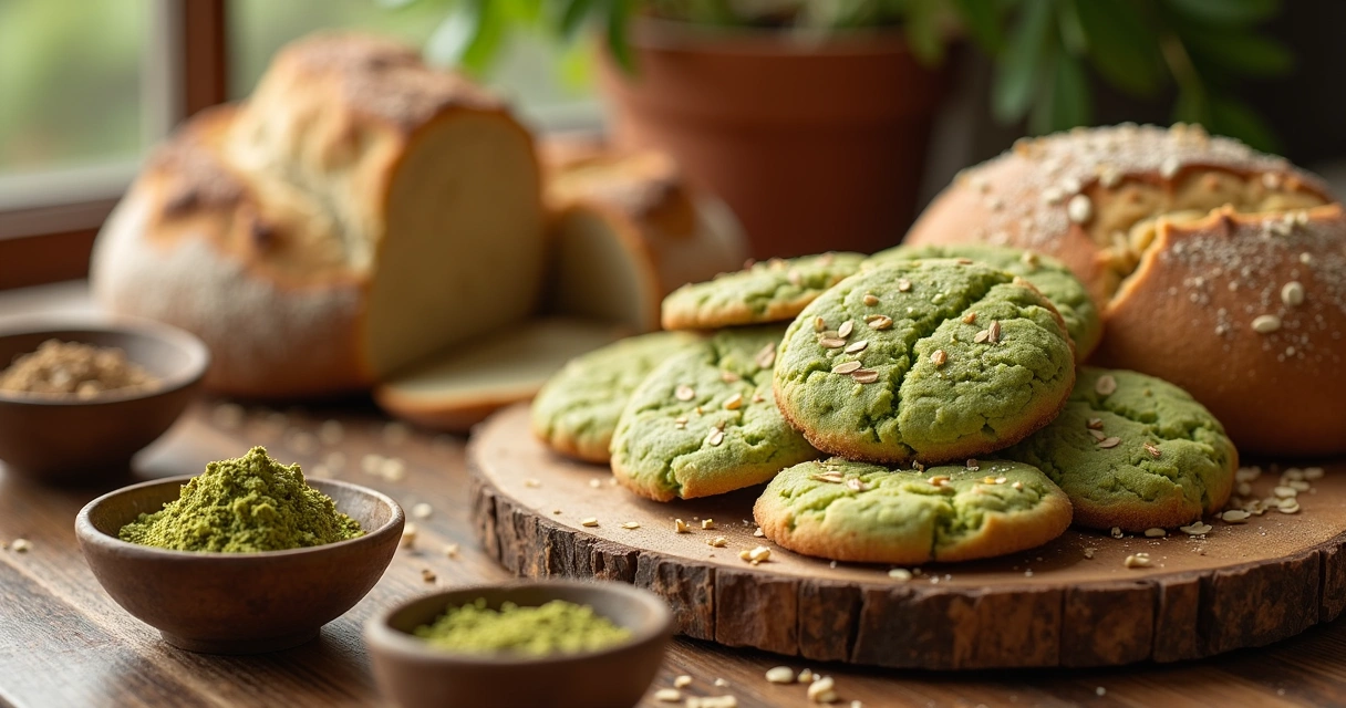Pães e cookies preparados com moringa em mesa de padaria 