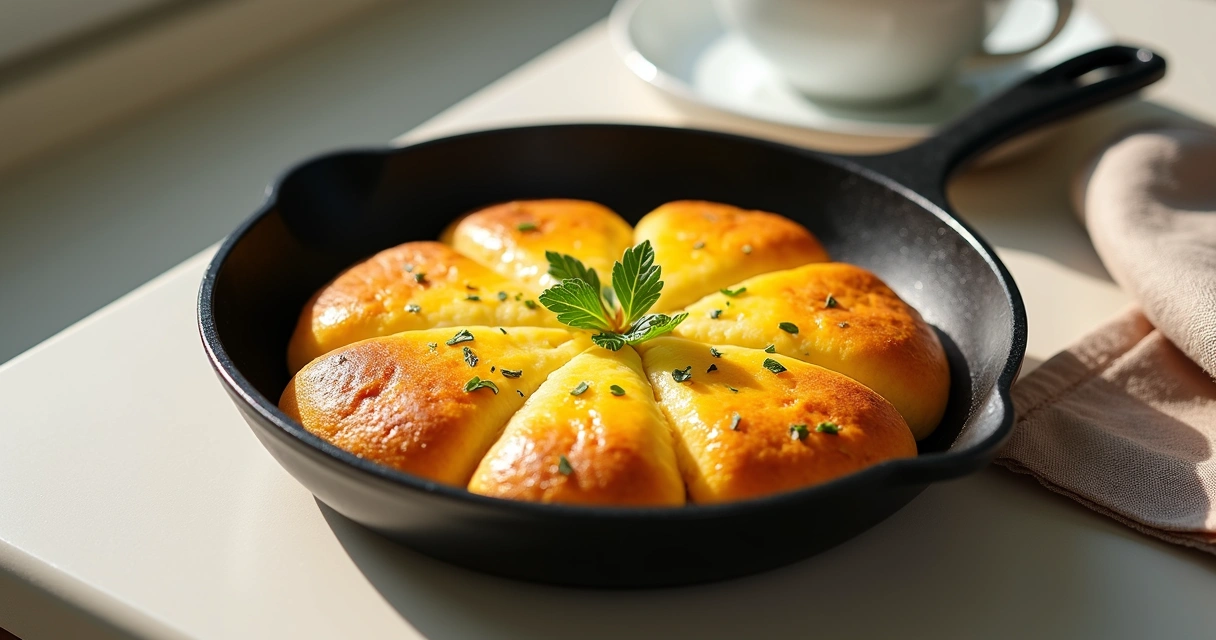 Pão de queijo de frigideira dourado dentro de uma frigideira preta