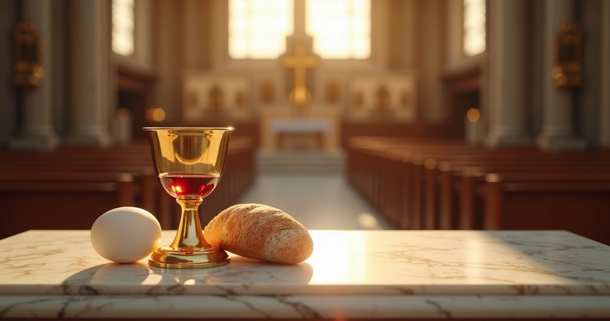 Cálice de vinho e pão sobre altar de igreja católica 