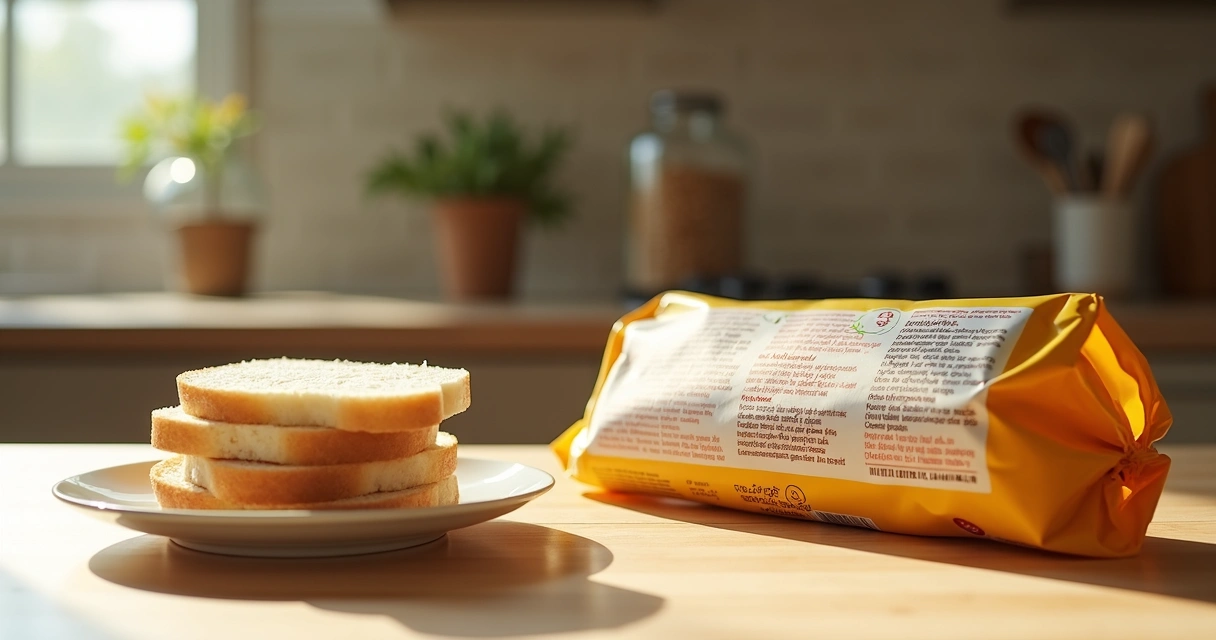 Fatias de pão de forma ao lado de rótulo destacado com lista de ingredientes 