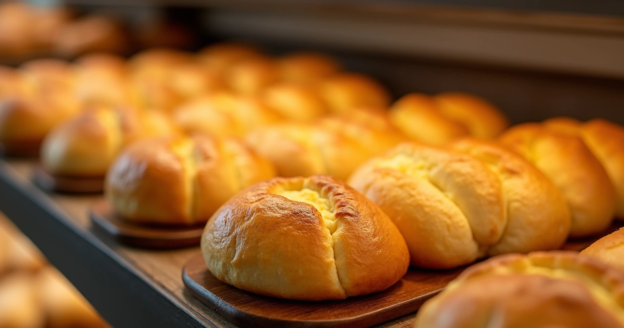 Pão de queijo fresco exposto em padaria de mercado brasileiro em Orlando 
