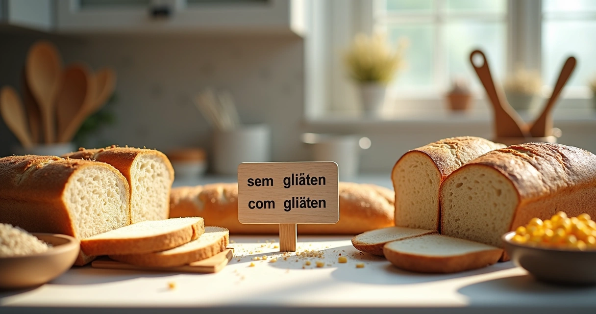 Pães sem glúten e alimentos proibidos em um balcão de cozinha 