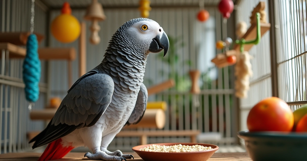 Papagaio-do-congo em gaiola grande com brinquedos coloridos