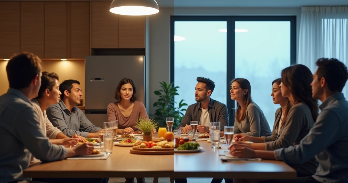 Família reunida à mesa e grupo de colegas em reunião 