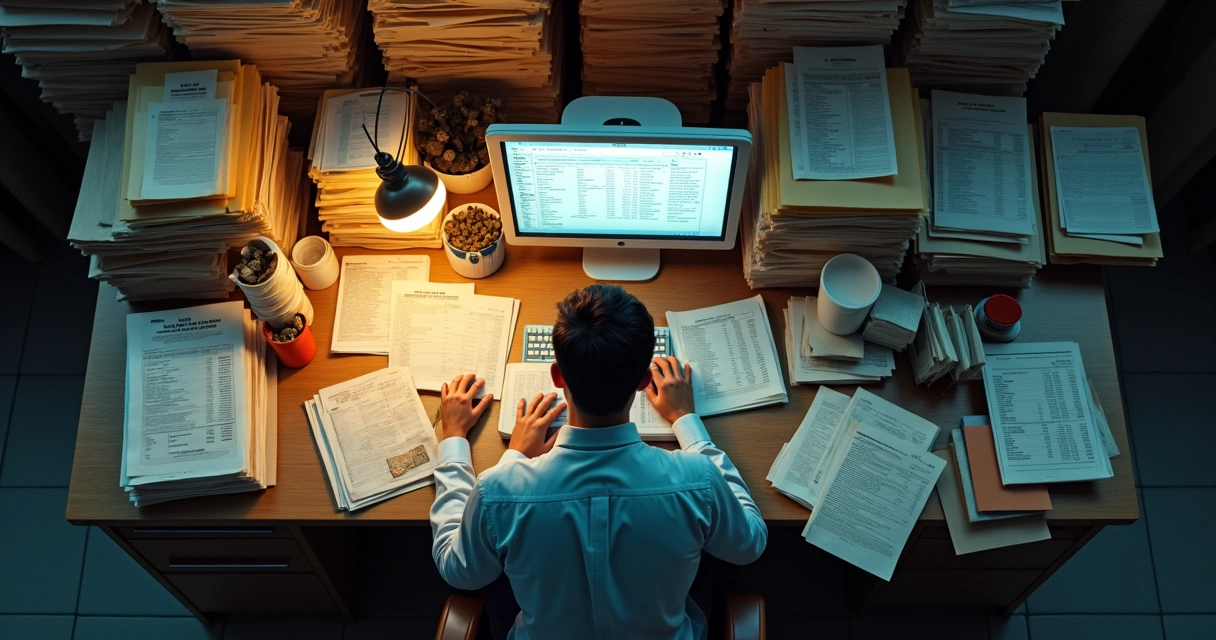 Pilha de papéis em uma mesa de escritório contábil 