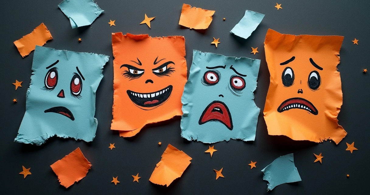 Pedaços de papel rasgados sobre uma superfície escura, cada um com uma expressão facial desenhada 