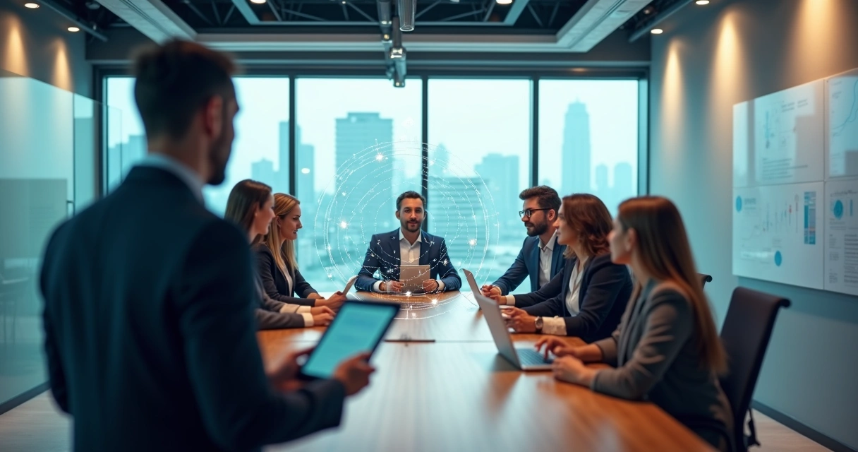 Líder observando equipe conectada por linhas em ambiente corporativo 