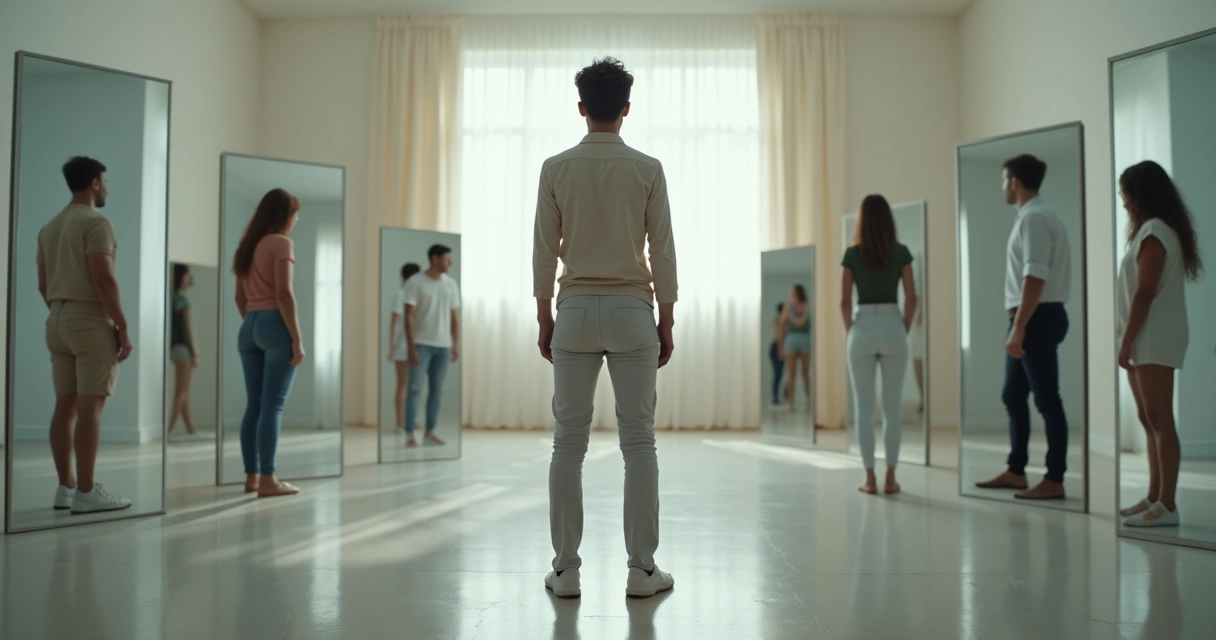 Pessoa observando vários reflexos com papéis sociais diferentes em espelhos ao redor 