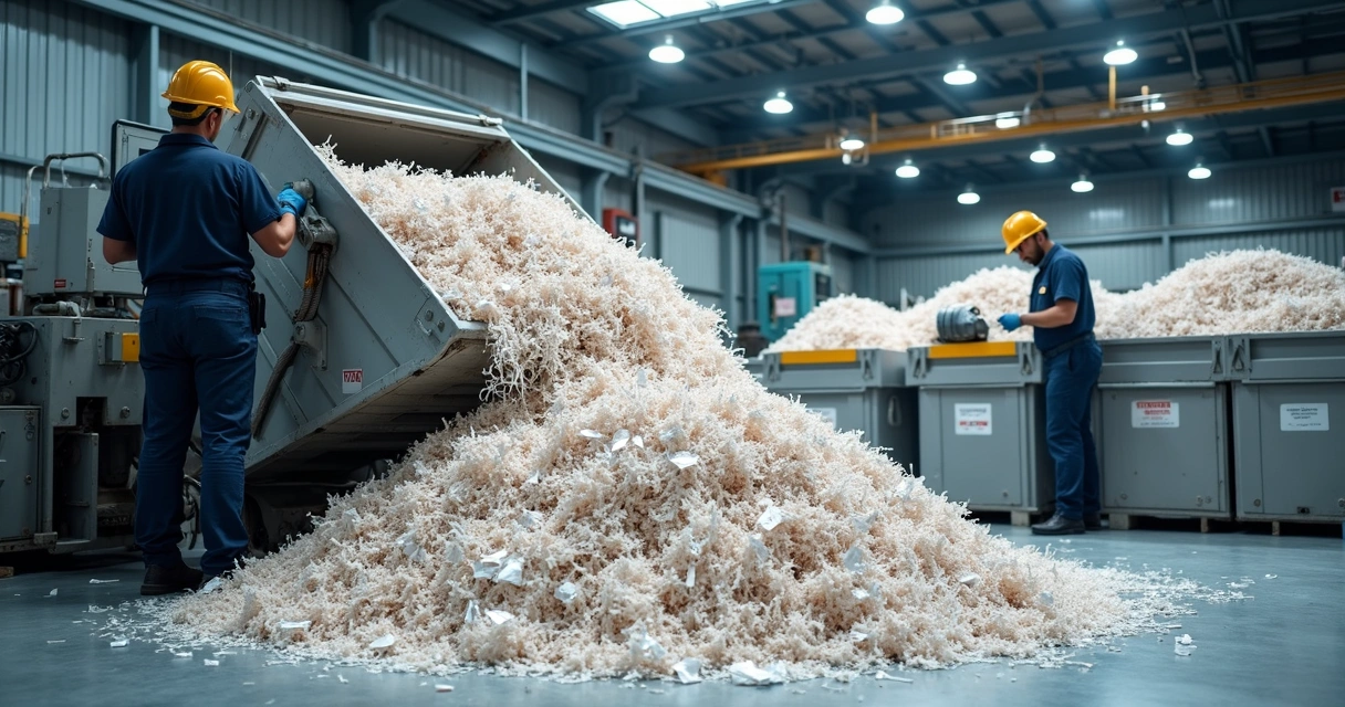 Pilhas de papéis triturados em área industrial 