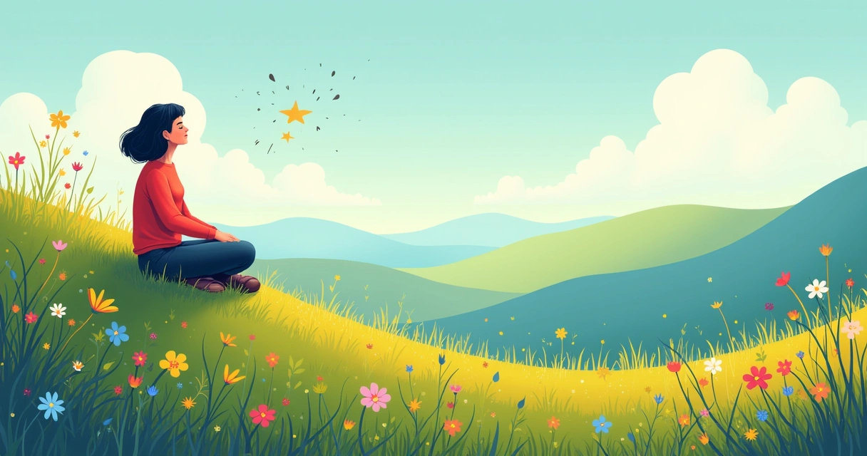 Ilustração de uma pessoa pensativa em um cenário natural, refletindo sobre emoções. Um campo verde com flores e céu azul.