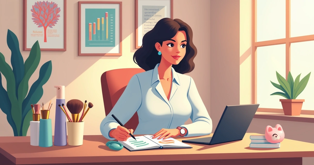 Mulher sentada à mesa organizando finanças de salão de beleza com gráficos e agenda 