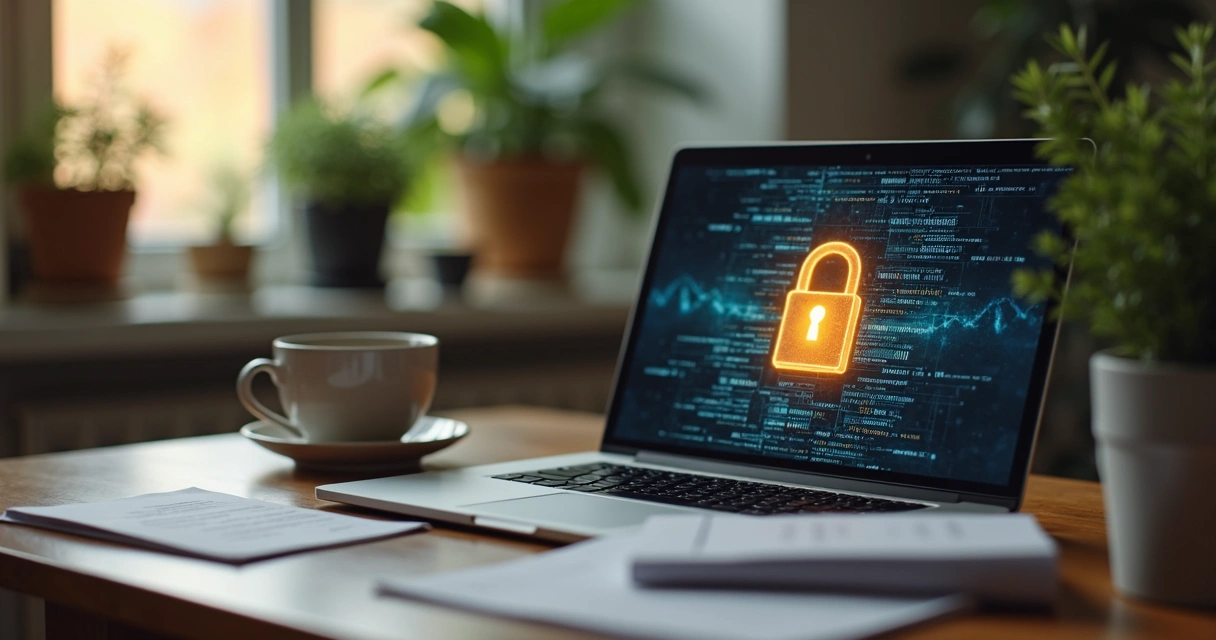 Homem usando notebook com tela que mostra cadeado digital