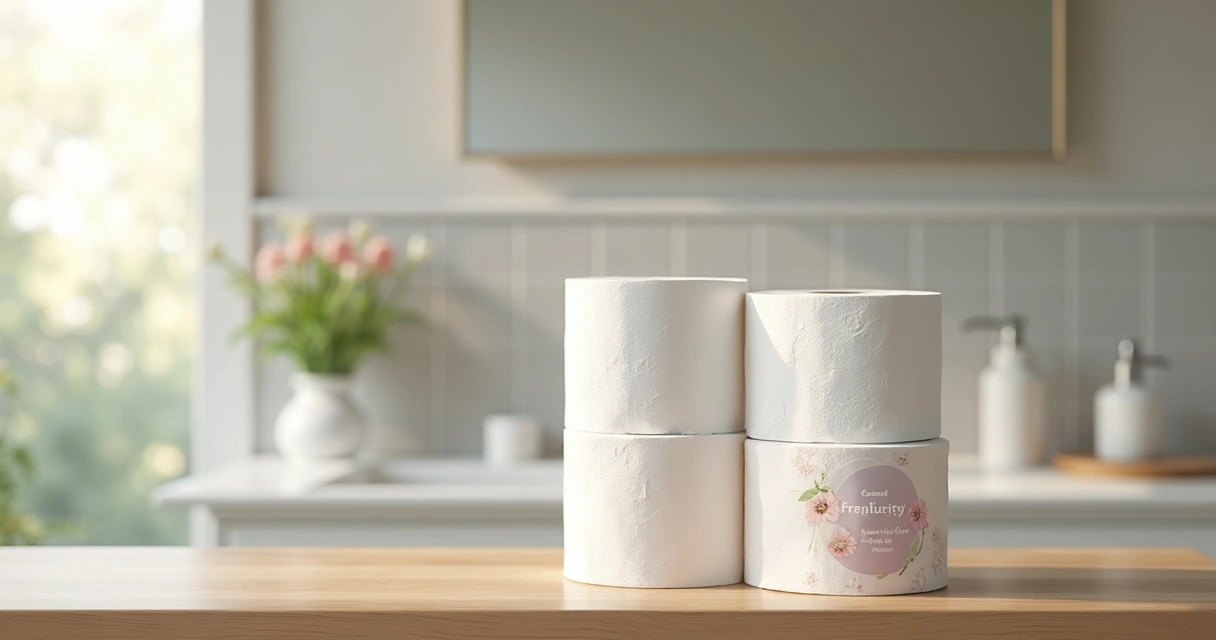 Rolos de papel higiênico comum e perfumado lado a lado na bancada do banheiro 