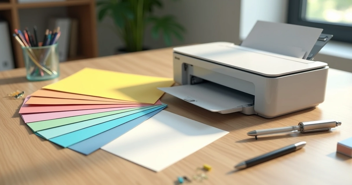Folhas de papel offset colorido e branco em mesa de escritório com impressora 