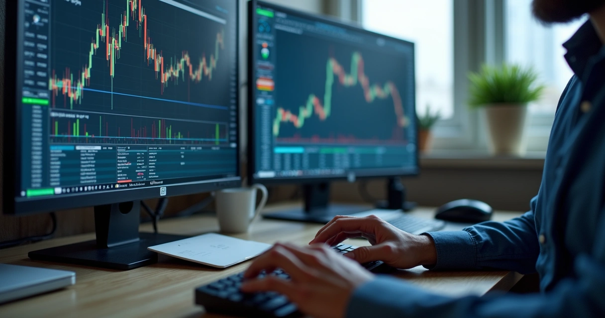 Trader simulating trades on screen 