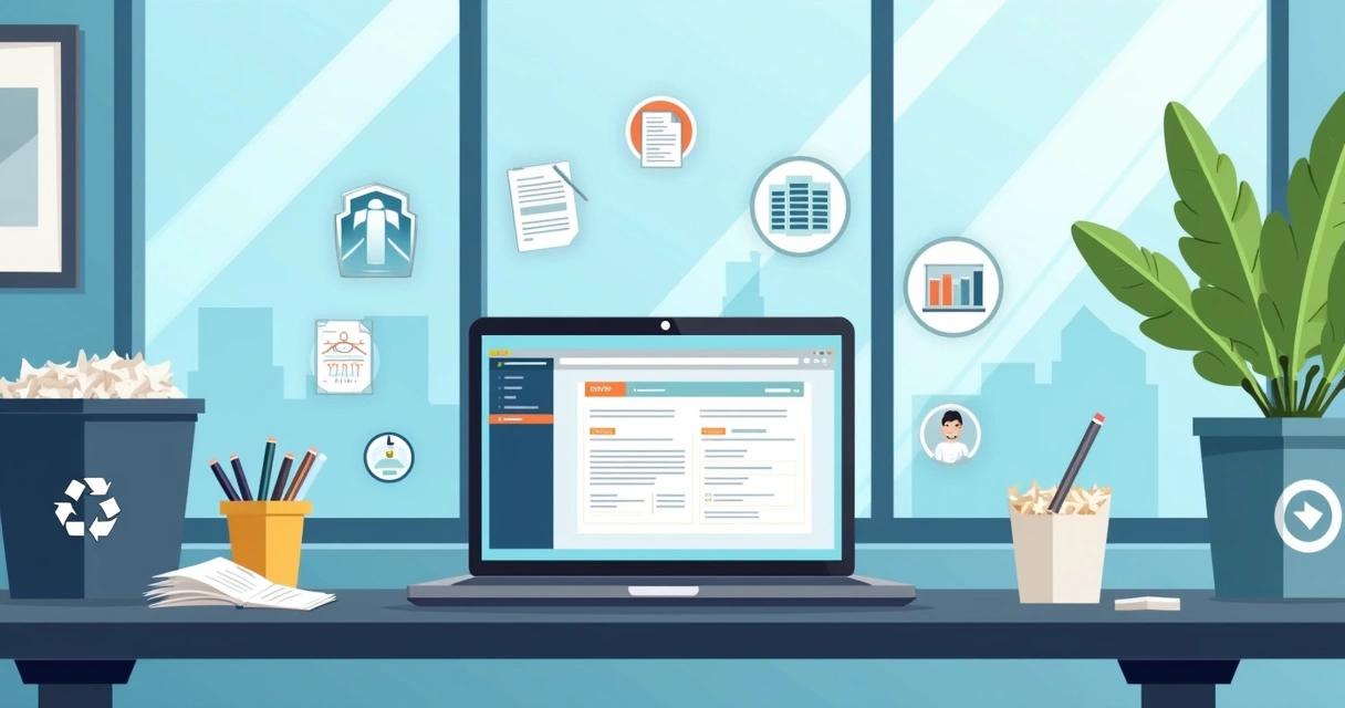 Paperless office desk with laptop, digital documents, and e-sign platform interface 