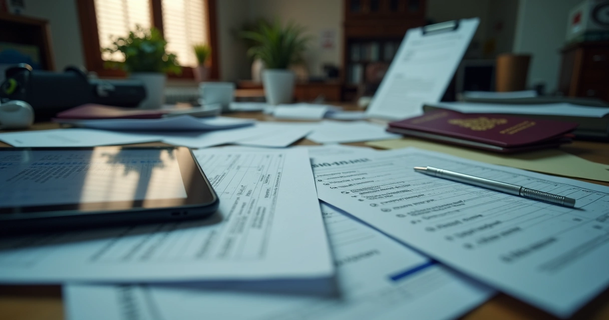 Stacks of paperwork and digital forms for international assignments 