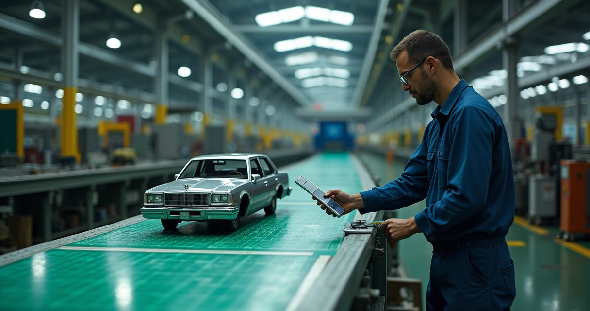 Paquímetro medindo uma peça de carro em ambiente industrial, destacando precisão e controle de qualidade.