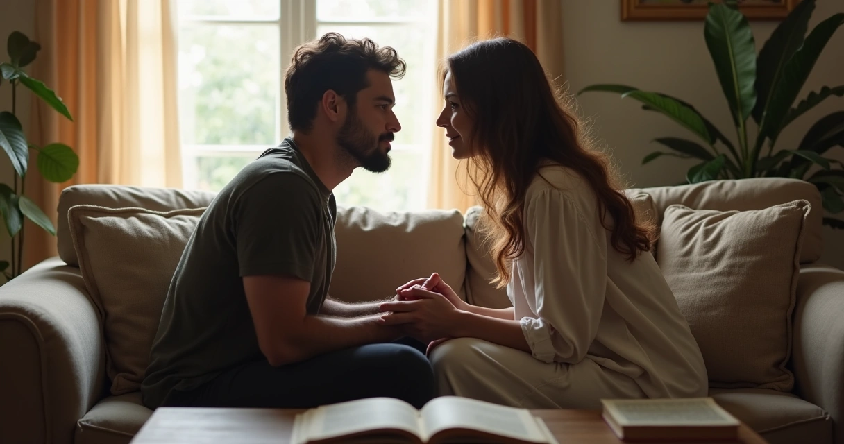 Casal sentado próximo em casa, com luz natural, conversando olhando nos olhos 