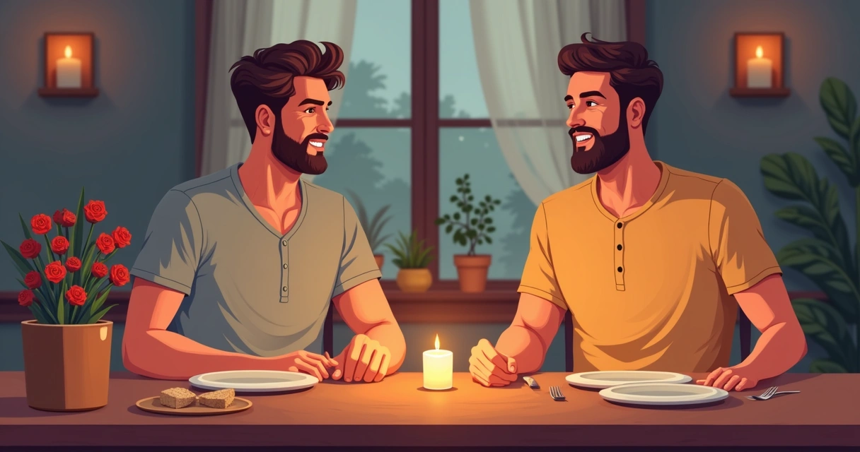 Casal masculino sentado à mesa decorada para jantar de Dia dos Namorados, ambos vestidos com camisetas Sjons Modas de diferentes cortes
