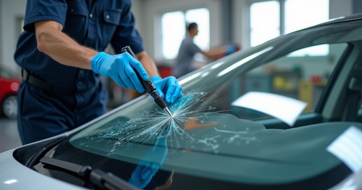 Para-brisa de carro com rachadura sendo reparado por técnico em oficina automotiva 