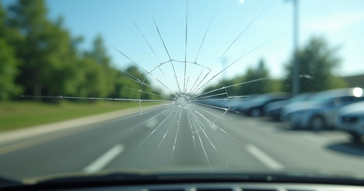 Para-brisa de carro com pequena trinca visível na parte inferior direita 