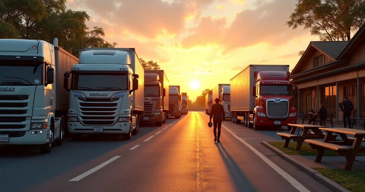Caminhão estacionado em parada de estrada com motorista caminhando ao lado 