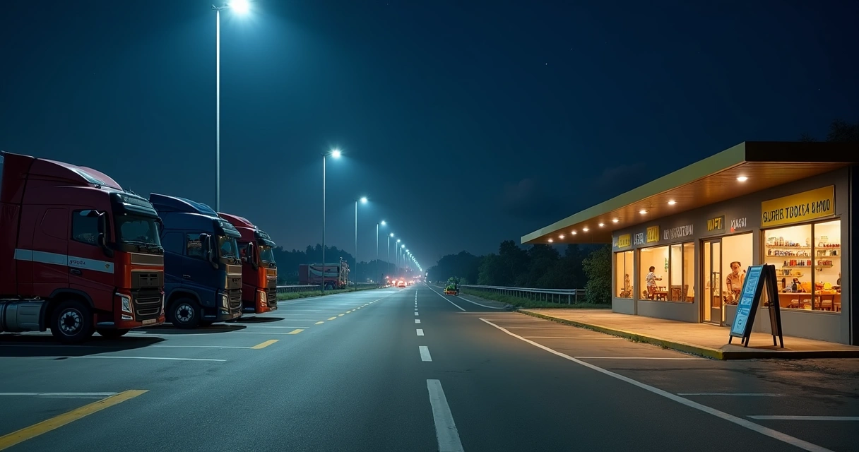 Pátio iluminado com caminhões estacionados para descanso noturno 