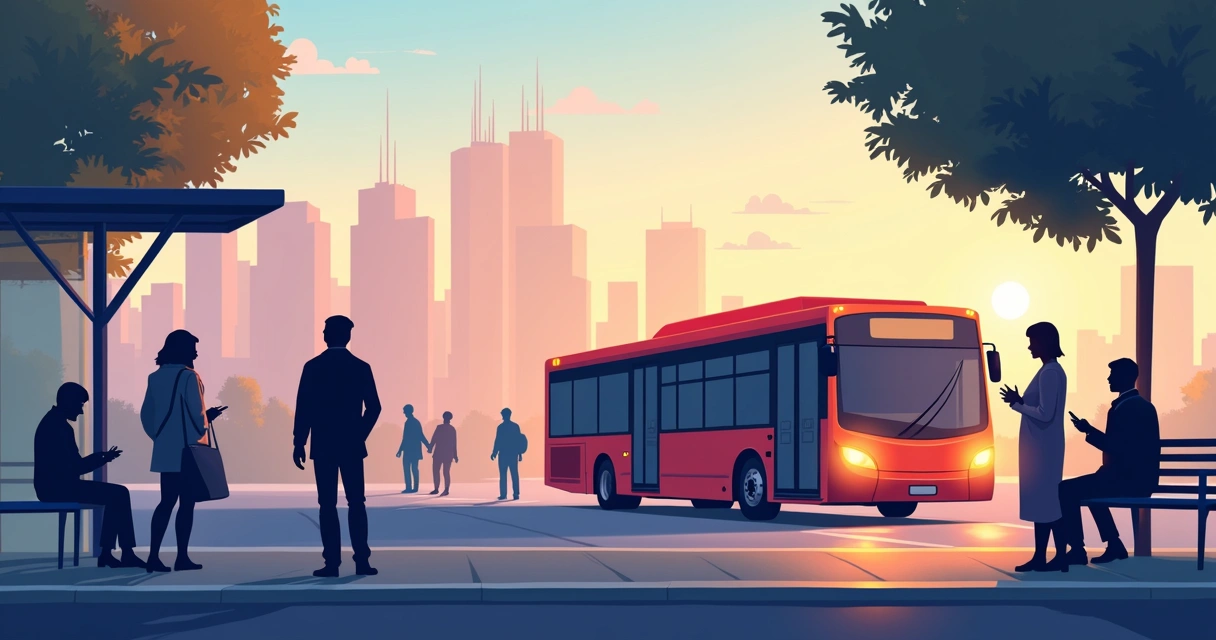 Pessoas aguardando ônibus na parada ao amanhecer, ônibus chegando ao fundo 