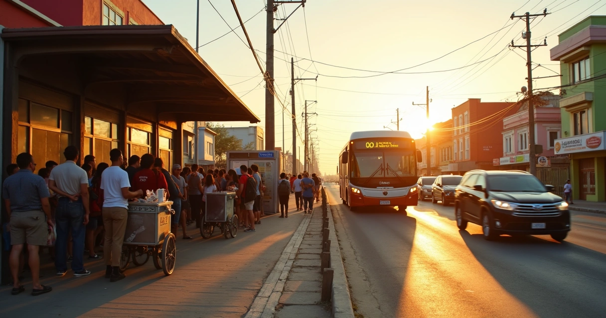 Fila em ponto de ônibus em Natal ao fim da tarde 