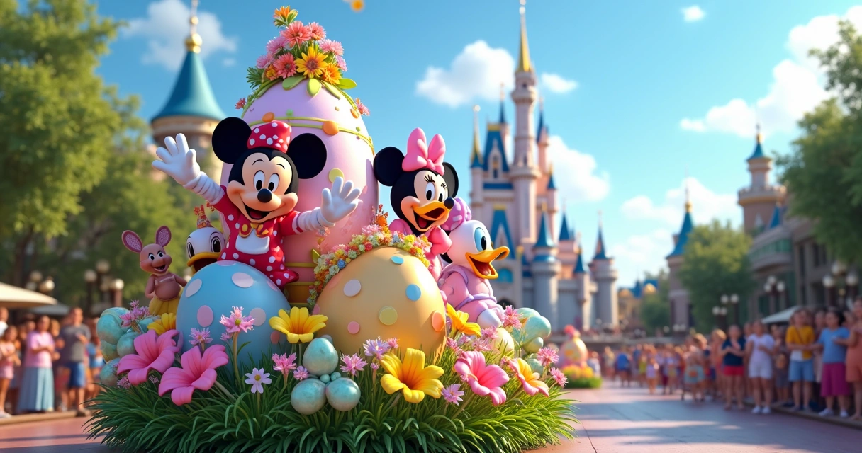 Parada especial de Páscoa na Disney com personagens vestidos em trajes festivos e decoração colorida de ovos e flores 