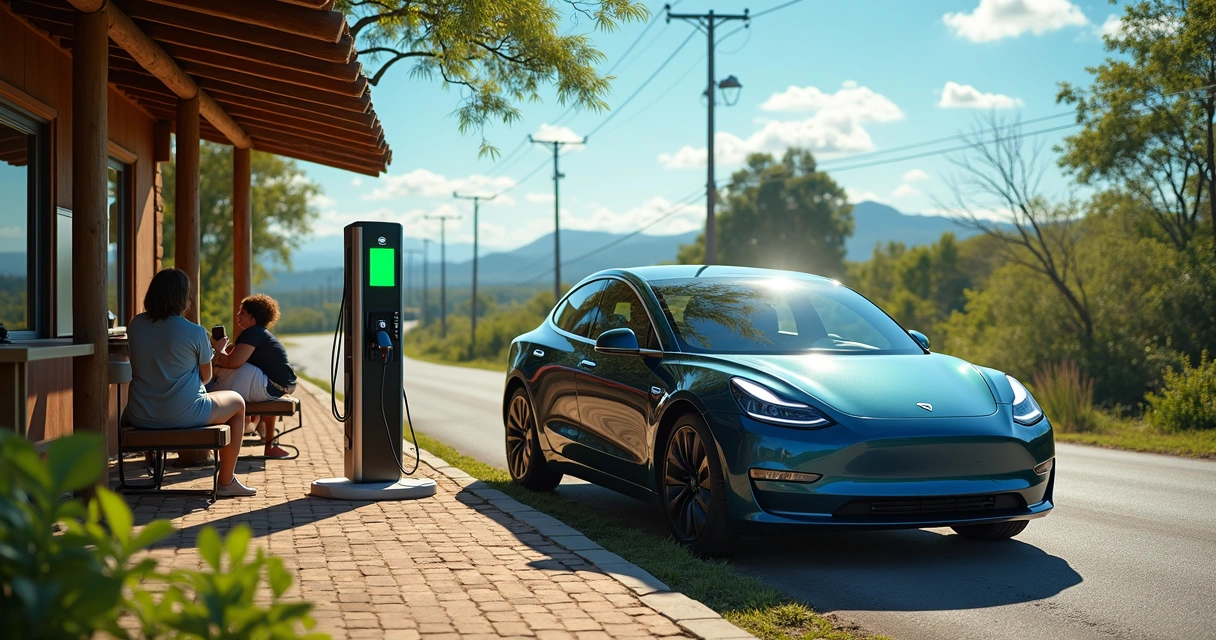 Carro elétrico carregando em posto próximo a restaurante de estrada