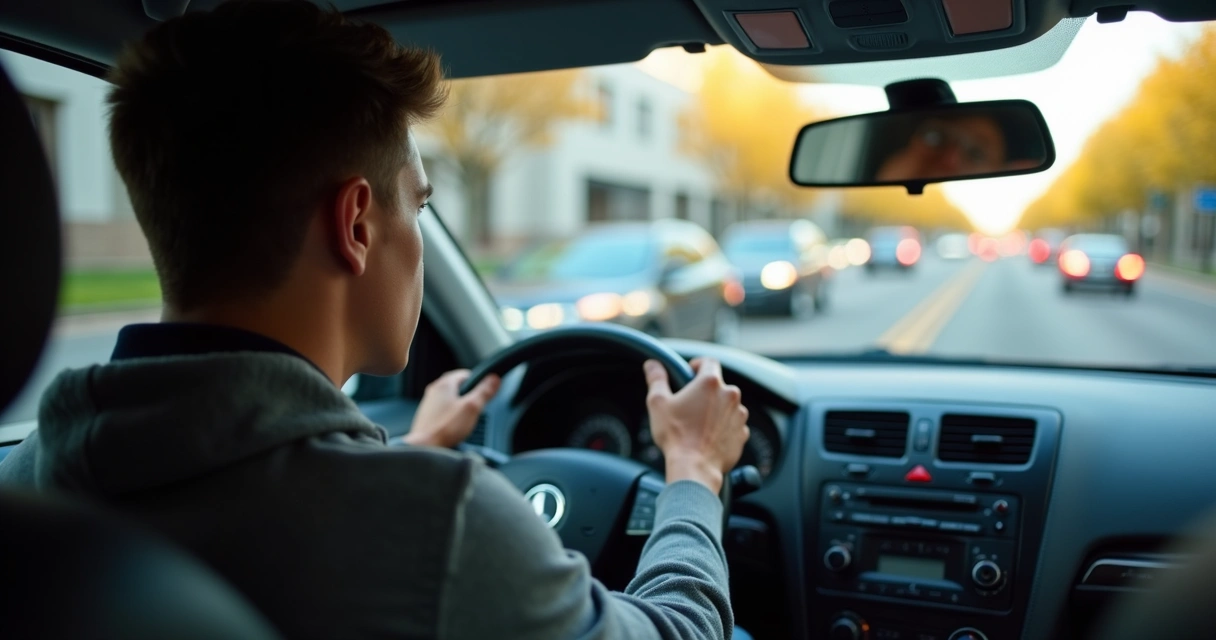Pessoa sentada em carro olhando para o trânsito fluindo pela janela