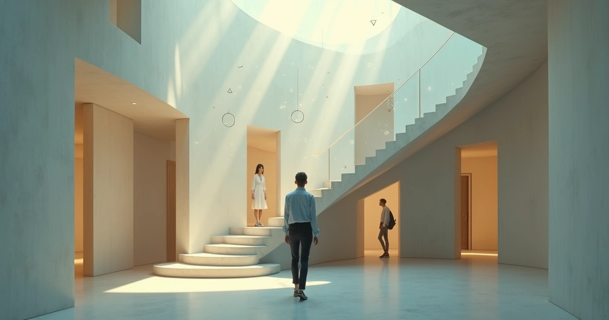 A person walking on an impossible staircase made of overlapping doorframes 