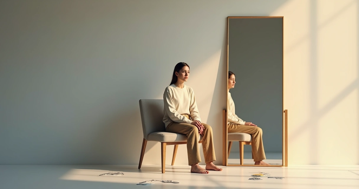 Pessoa refletindo diante de duas versões de si mesma em um espelho partido 