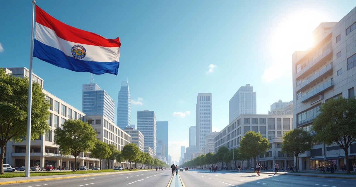 Cidade paraguaia moderna com bandeira do Paraguai e céu ensolarado 