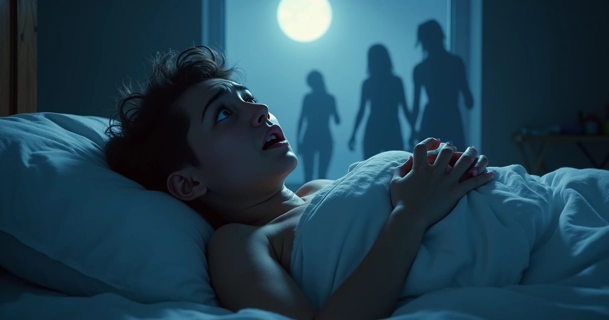 Pessoa deitada na cama com expressão de medo durante episódio de paralisia do sono 