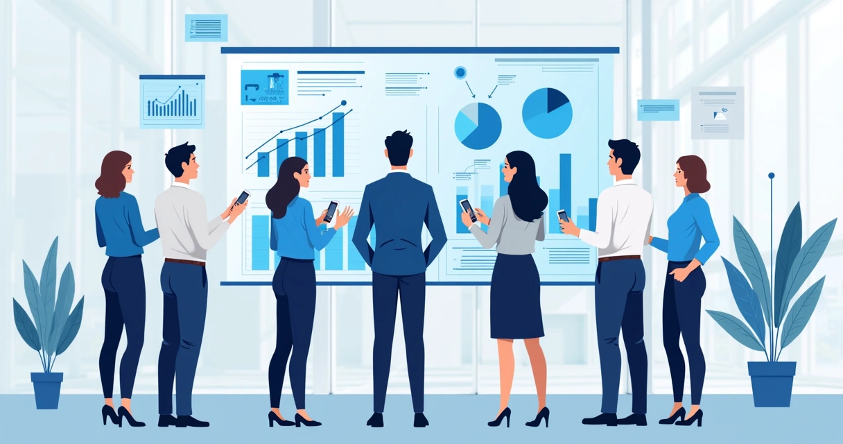 Conjunto de pessoas analisando gráficos em painel digital moderno, ícones financeiros e dados visualizados 