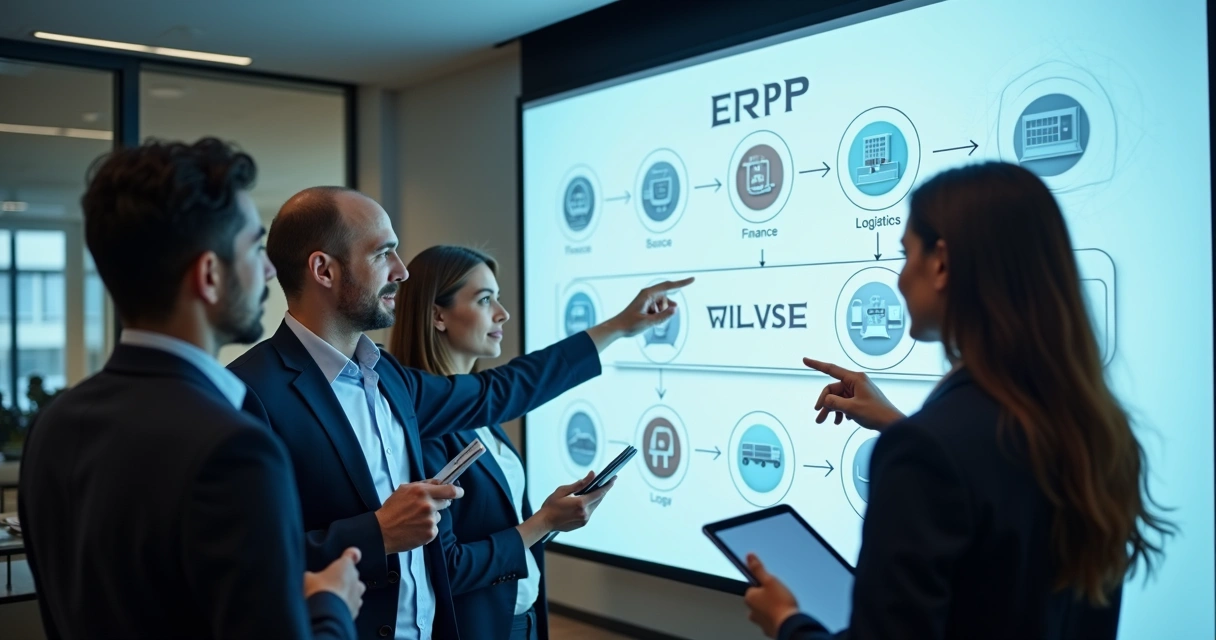 Processo de parametrização em ERP, mostrando equipe reunida analisando fluxos na tela 