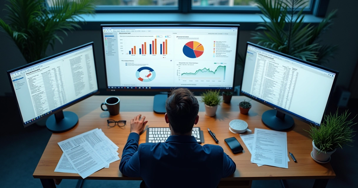 Profissional ajustando sistema de gestão tributária em escritório moderno 