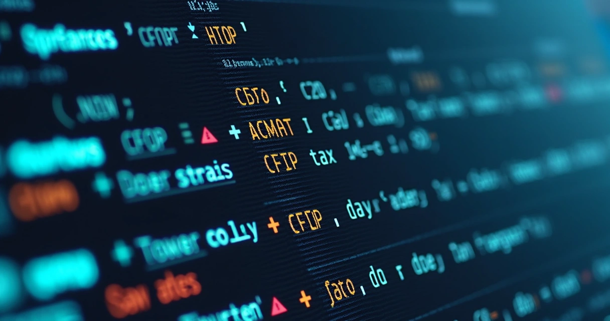 Tela de sistema com parâmetros fiscais destacados, mostrando códigos CFOP, NCM e alíquotas em destaque, com gráficos indicando inconsistências 