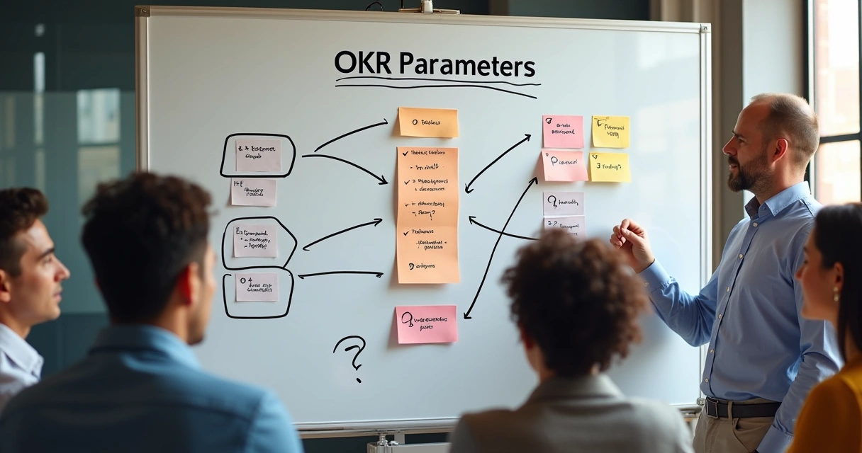 Quadro branco com 10 parâmetros de implantação de OKR destacados, marcadores e anotações detalhadas