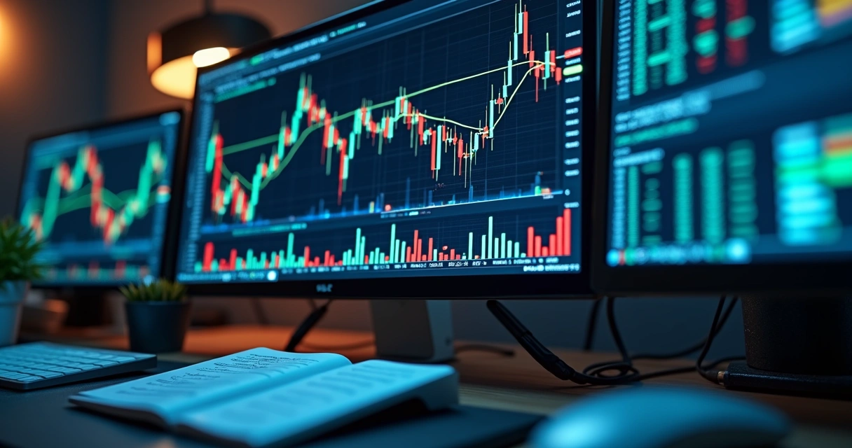 Tela de computador exibindo gráficos detalhados e indicadores técnicos de trading algorítmico com fundos escuros e detalhes em azul e verde 