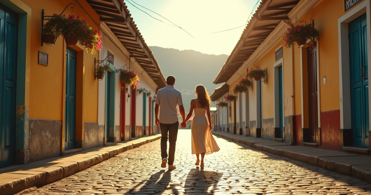 Casal caminhando pelo centro histórico de Paraty ao entardecer