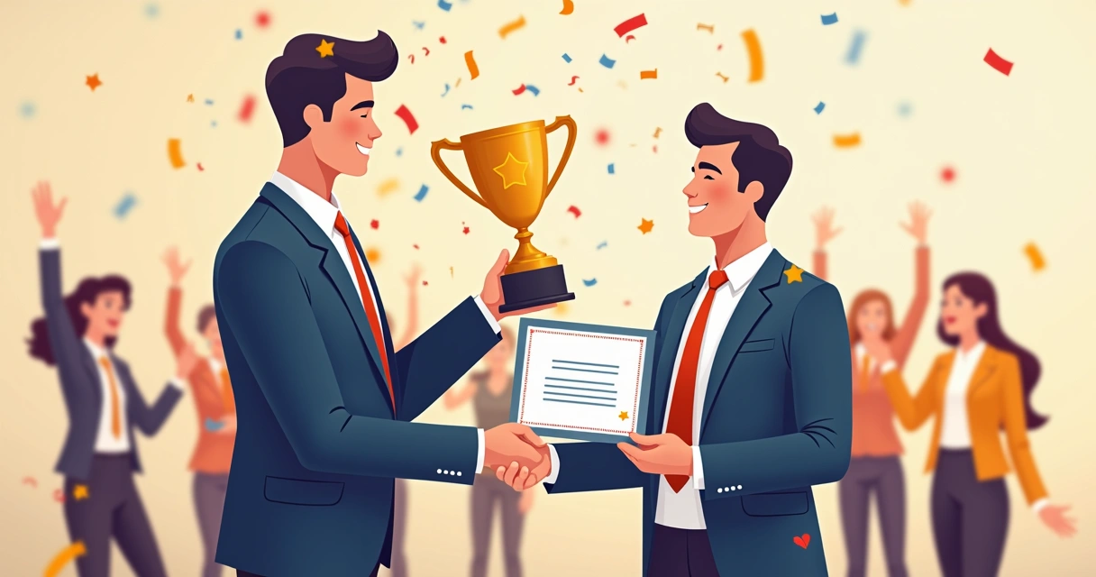 Parceiro comercial recepcionando certificado de desempenho de vendas 