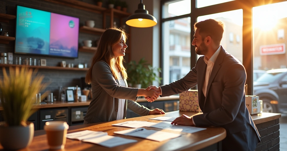 Empreendedor digital negociando com vendedor de comércio local 