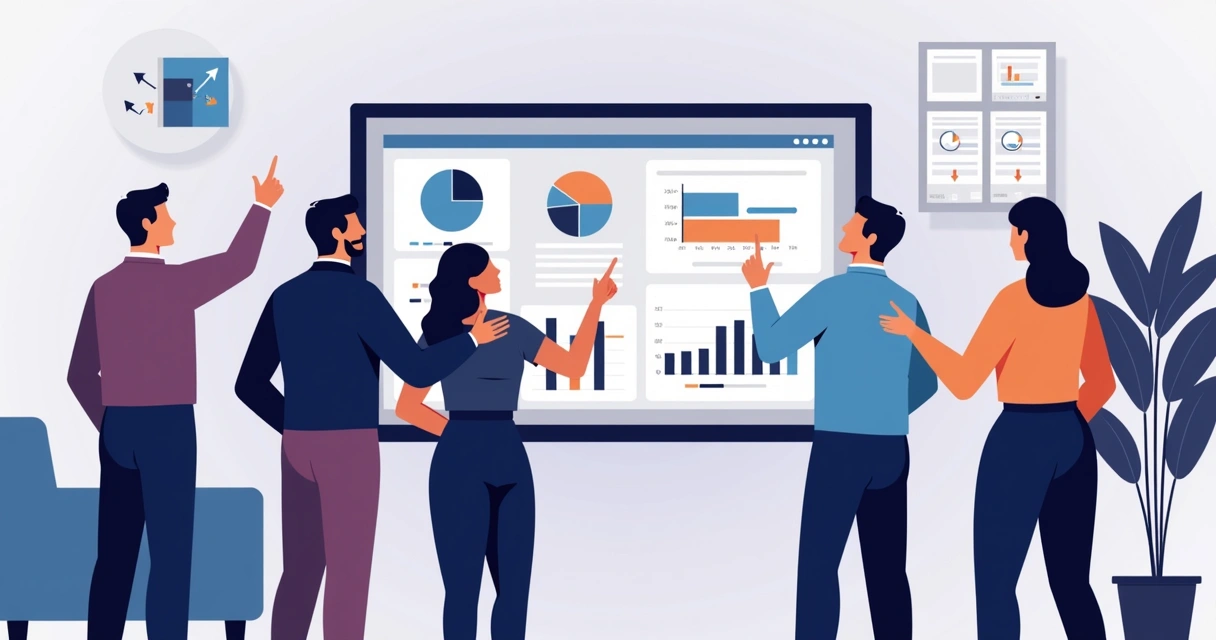 Grupo de pessoas analisando dados de mercado em uma tela digital 