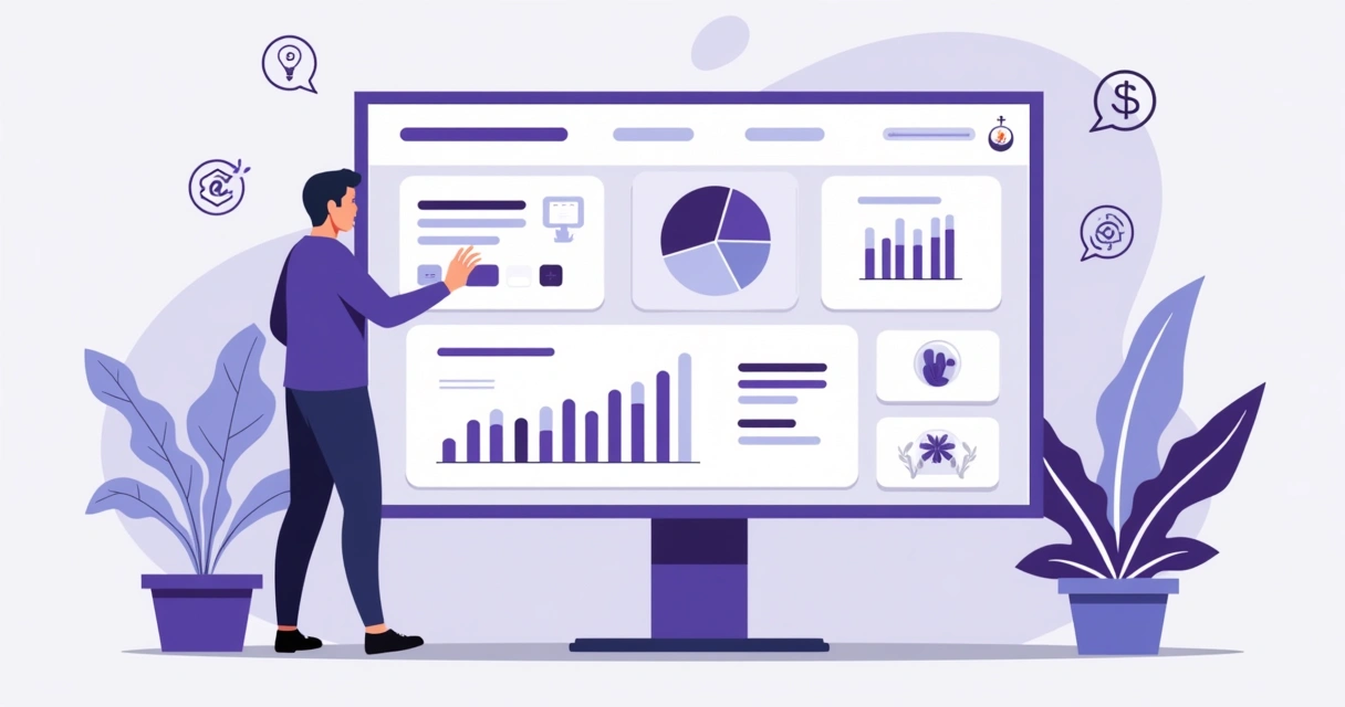 Dashboard PRM moderno mostrando estatísticas de engajamento de parceiros, com gráficos destacados em tons de roxo e azul. 