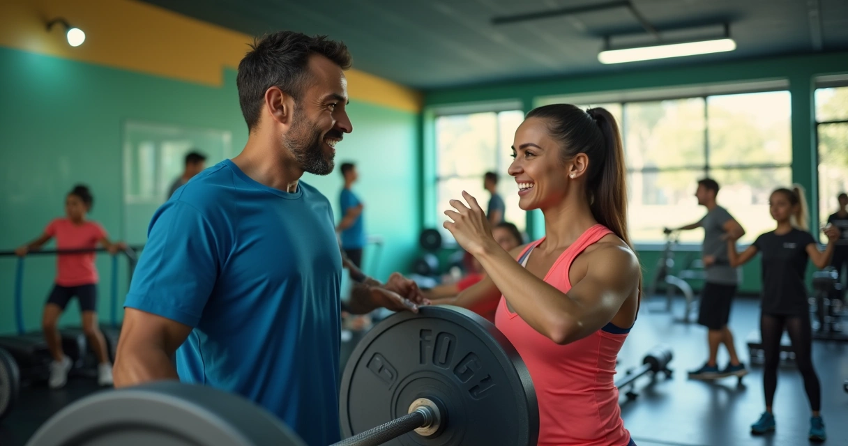 Homem e mulher se exercitando juntos na academia, interagindo e motivando um ao outro.