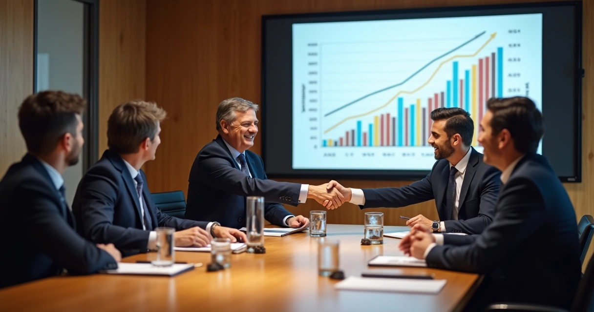 Reunião de empresas parceiras apertando as mãos diante de um gráfico de metas compartilhadas 